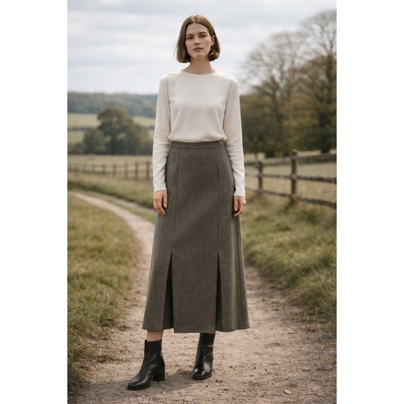 Paul Costelloe Wool Silk Dressage Midi Skirt Women Taupe Gray US 10 EU 42